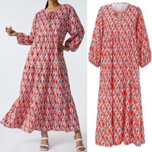 New Boho Ethic Geo Aztec Tribal Pattern Maxi Dress Loose Long Puff Sleeve V Neck